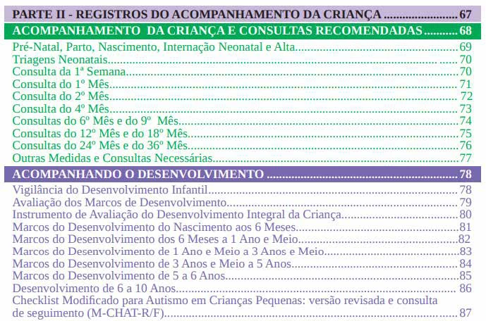 Figura 2 – Sumário da Caderneta da Criança (5ª edição).